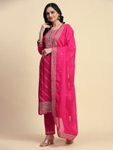 Pink Jaquard Silk Embroidery Sequence Work Kurta Pant with Dupatta Trendmalls