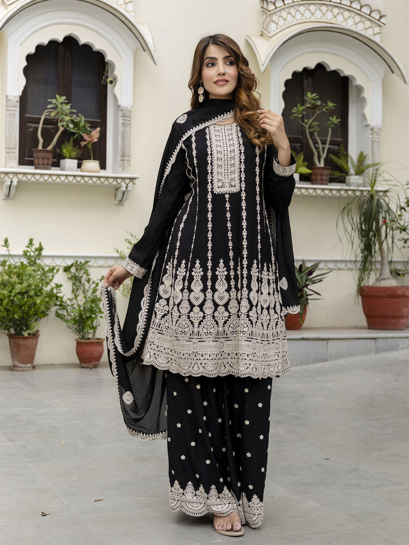 Black Art Silk Embroidery Salwar Suit Set with Dupatta For Women's