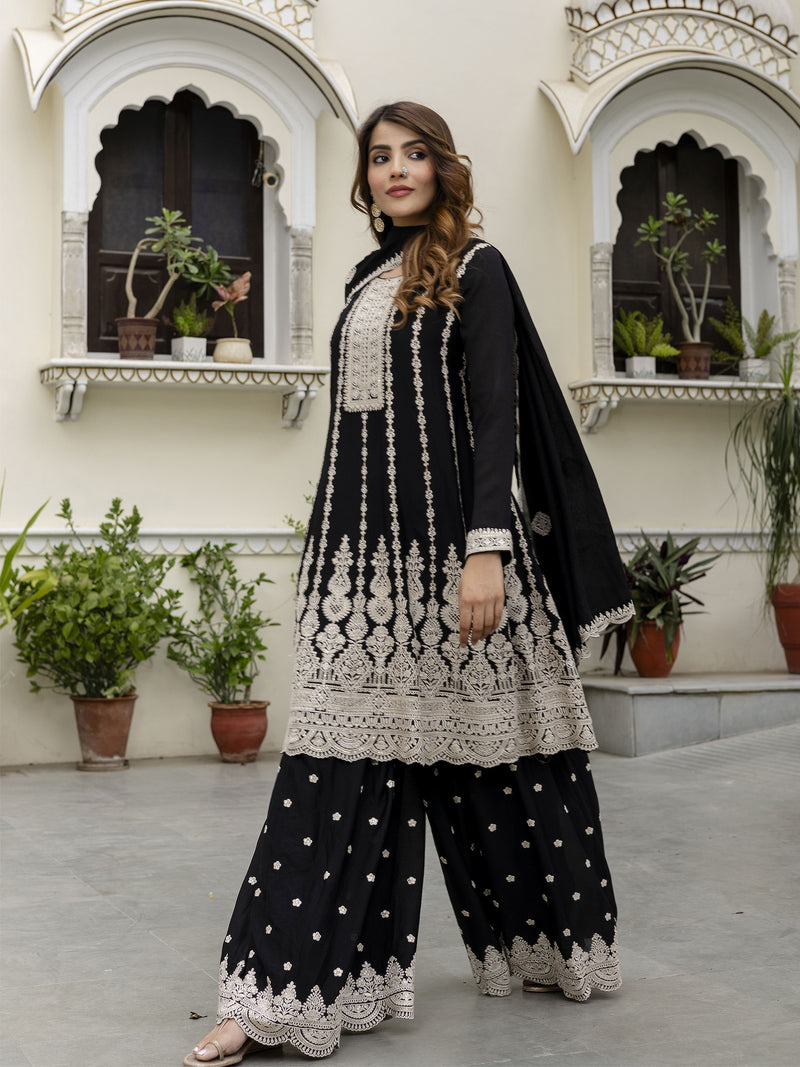 Black Art Silk Embroidery Salwar Suit Set with Dupatta For Women's