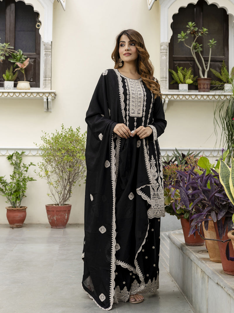 Black Art Silk Embroidery Salwar Suit Set with Dupatta For Women's
