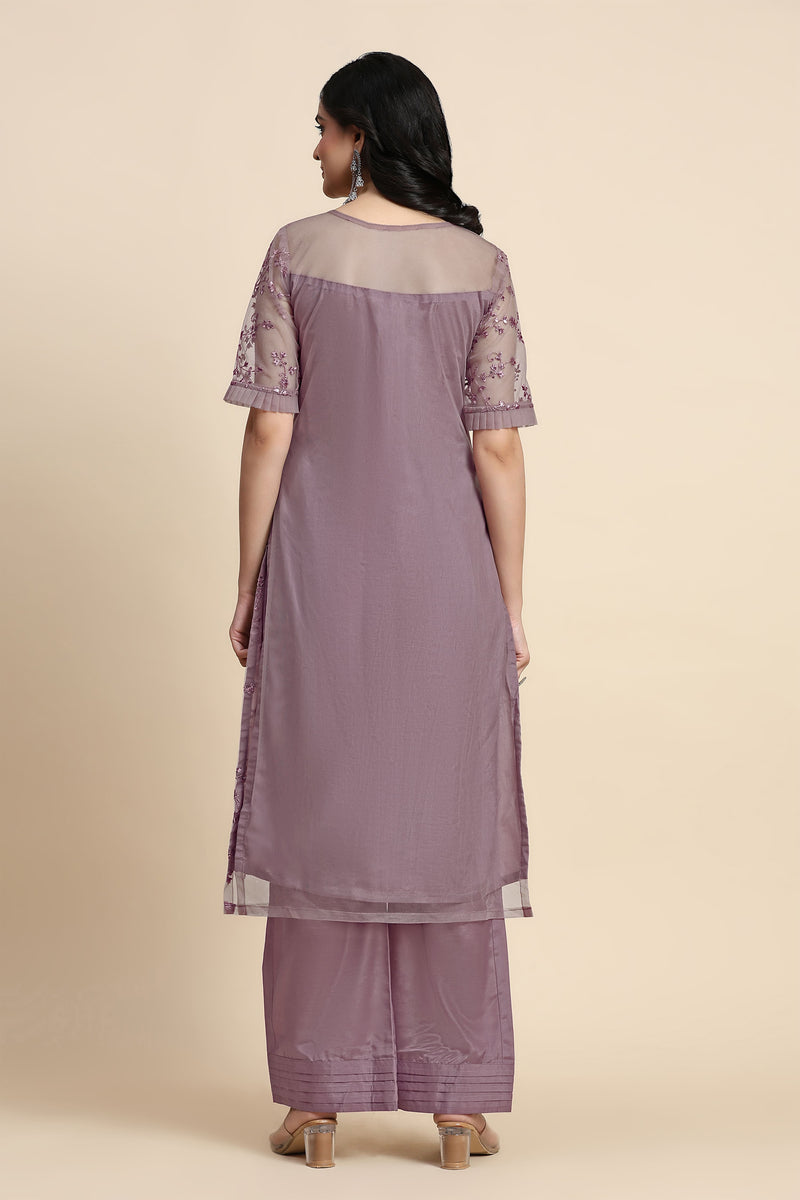 Women's Net Embroidery Sequence Work Kurta Palazzo Set with Dupatta Kurta Set for Women