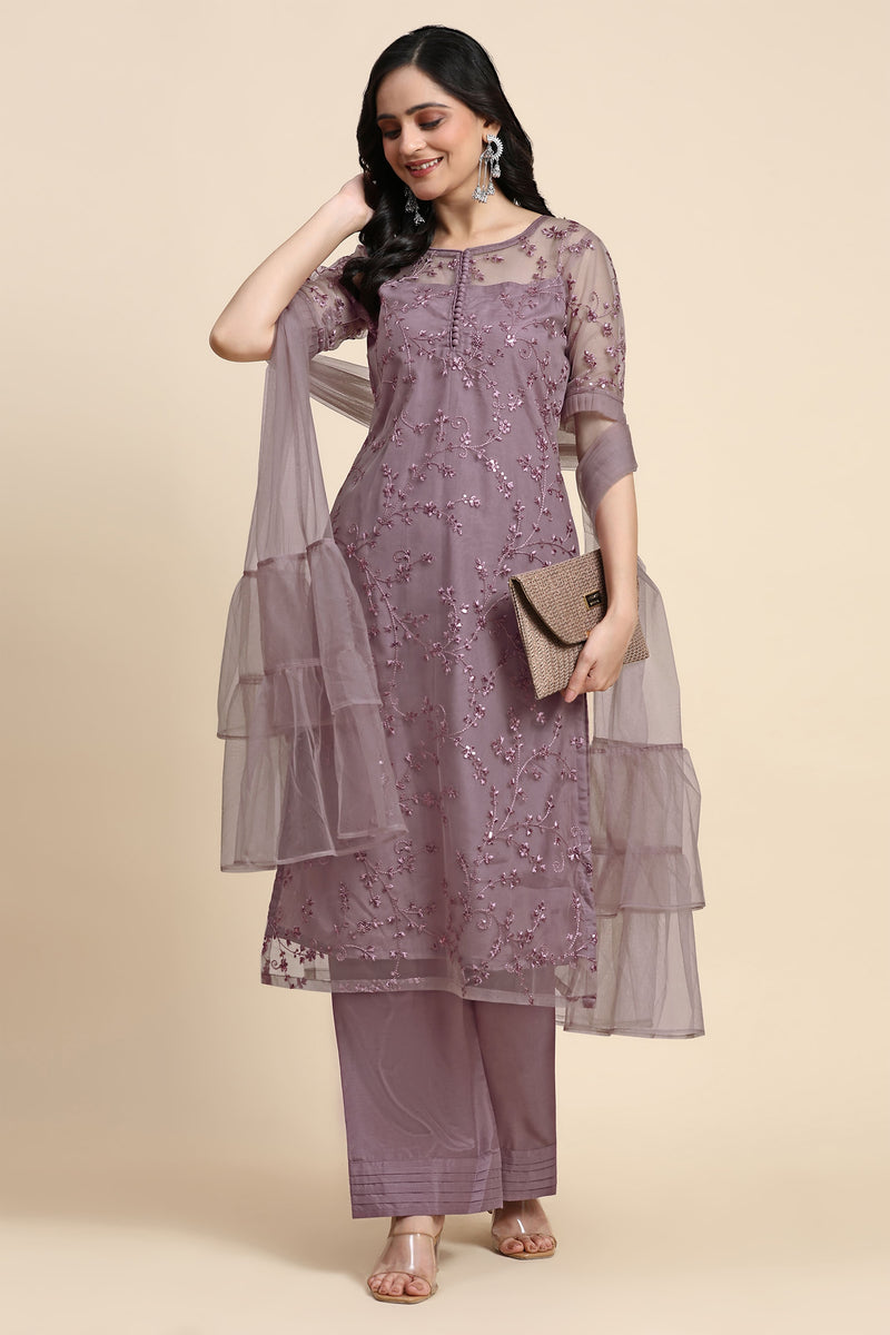 Women's Net Embroidery Sequence Work Kurta Palazzo Set with Dupatta Kurta Set for Women