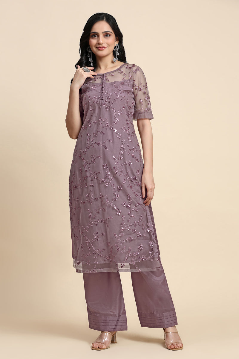 Women's Net Embroidery Sequence Work Kurta Palazzo Set with Dupatta Kurta Set for Women