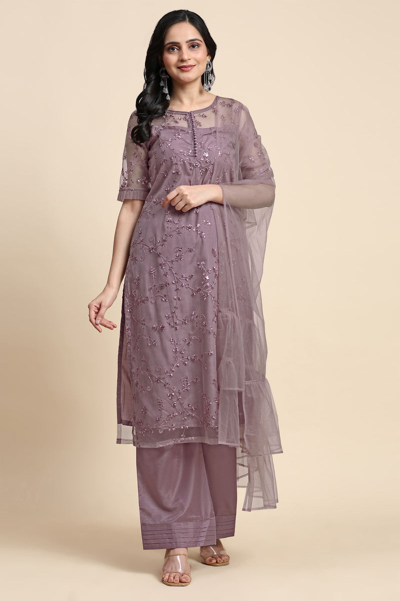 Women's Net Embroidery Sequence Work Kurta Palazzo Set with Dupatta Kurta Set for Women