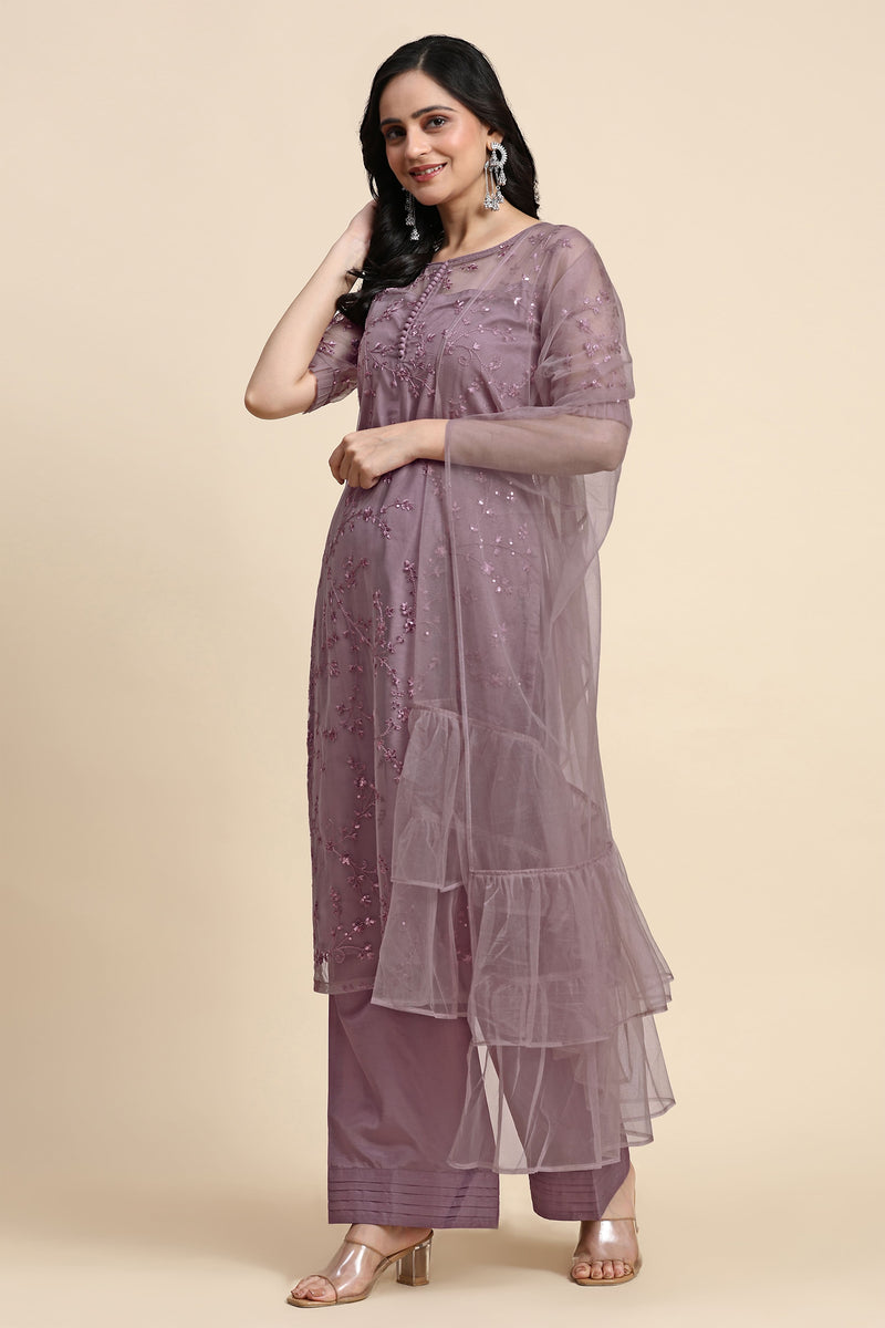 Women's Net Embroidery Sequence Work Kurta Palazzo Set with Dupatta Kurta Set for Women