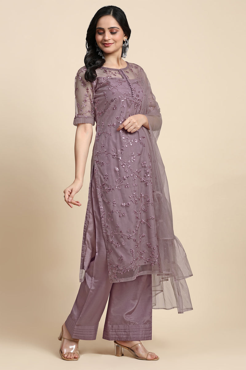 Women's Net Embroidery Sequence Work Kurta Palazzo Set with Dupatta Kurta Set for Women