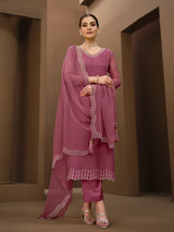 Pink Chiffon Siroski Zarkan Work Kurta Pant Set with Dupatta For Women's
