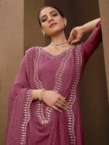 Pink Chiffon Siroski Zarkan Work Kurta Pant Set with Dupatta For Women's