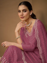 Pink Chiffon Siroski Zarkan Work Kurta Pant Set with Dupatta For Women's