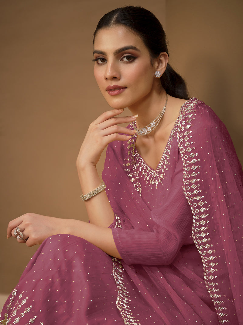 Pink Chiffon Siroski Zarkan Work Kurta Pant Set with Dupatta For Women's