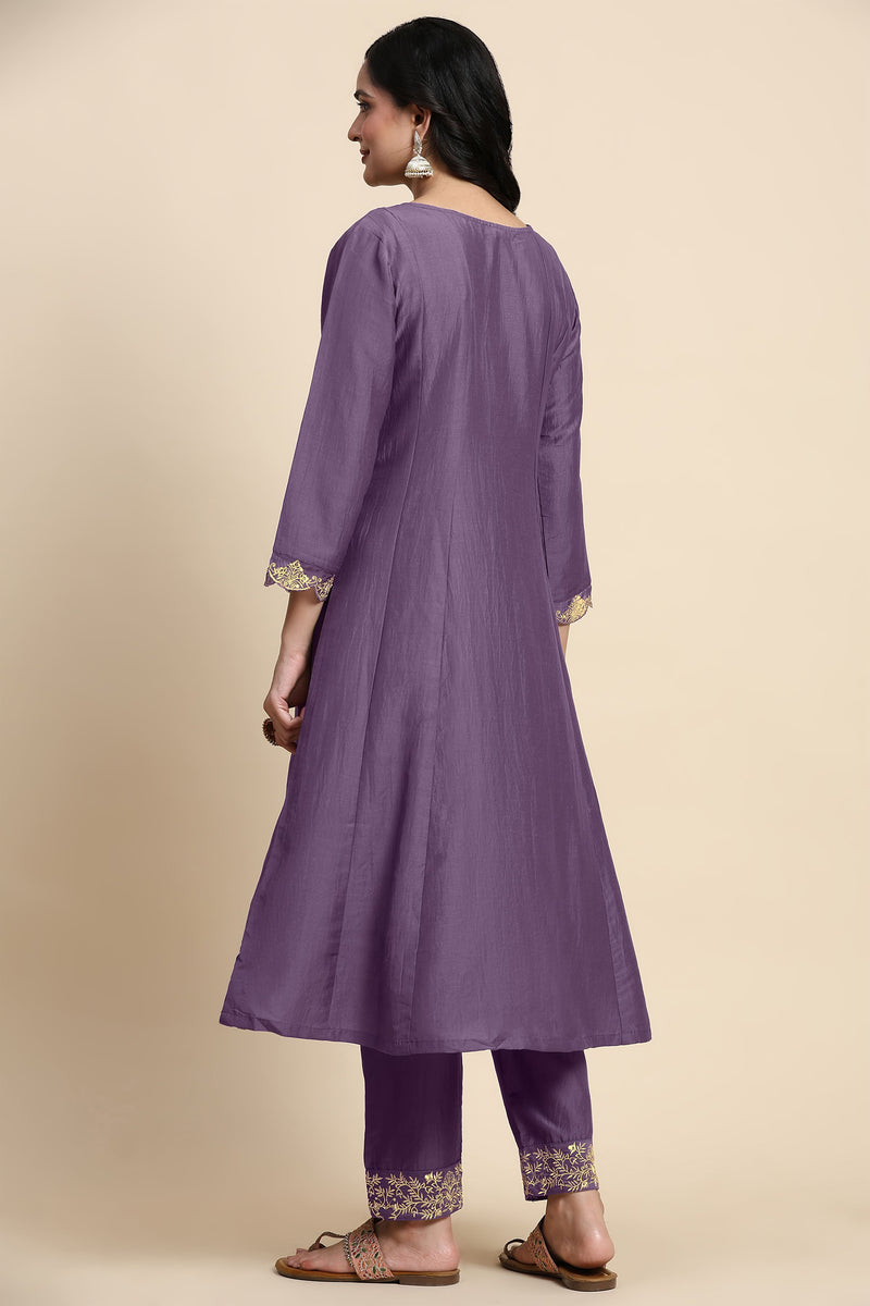 Light Purple Silk Blend Embroidery Anarkali Salwar Suit Set with Dupatta For Women's