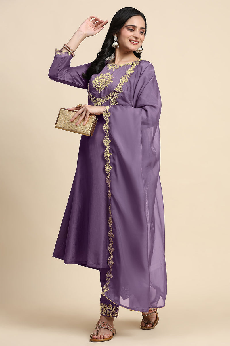 Light Purple Silk Blend Embroidery Anarkali Salwar Suit Set with Dupatta For Women's
