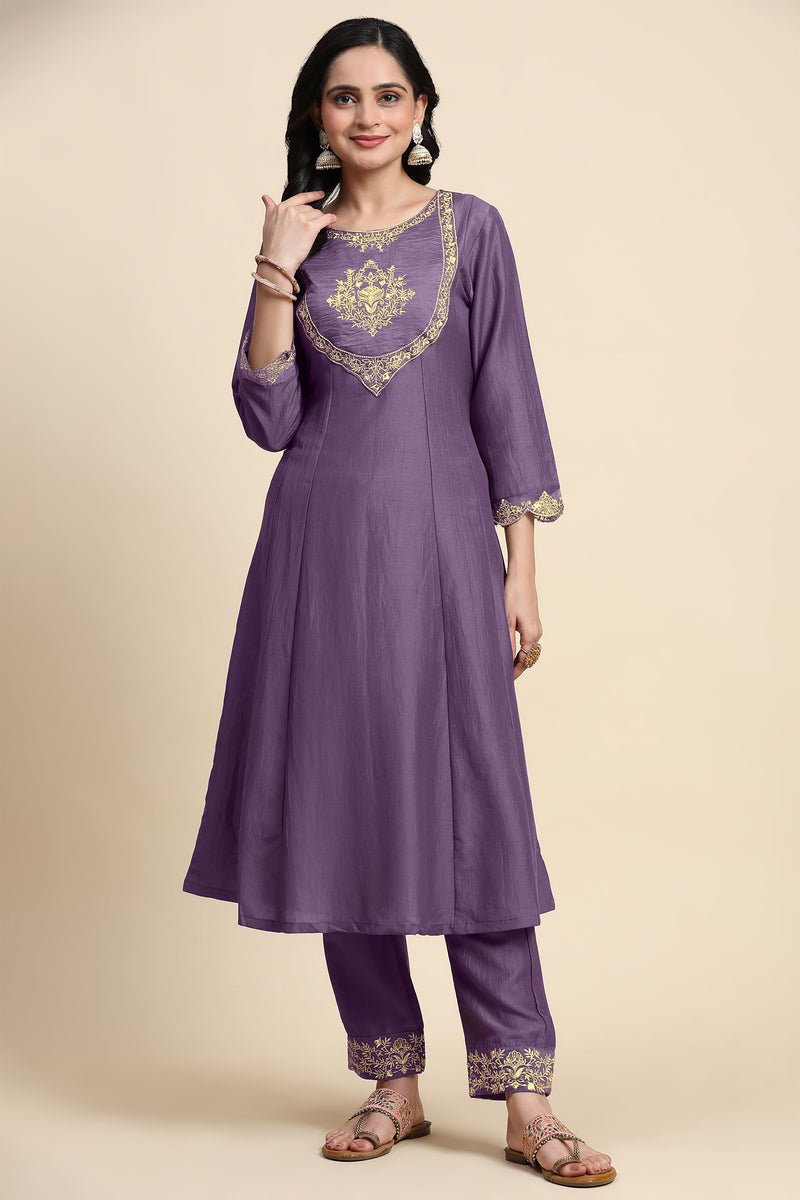 Light Purple Silk Blend Embroidery Anarkali Salwar Suit Set with Dupatta For Women's