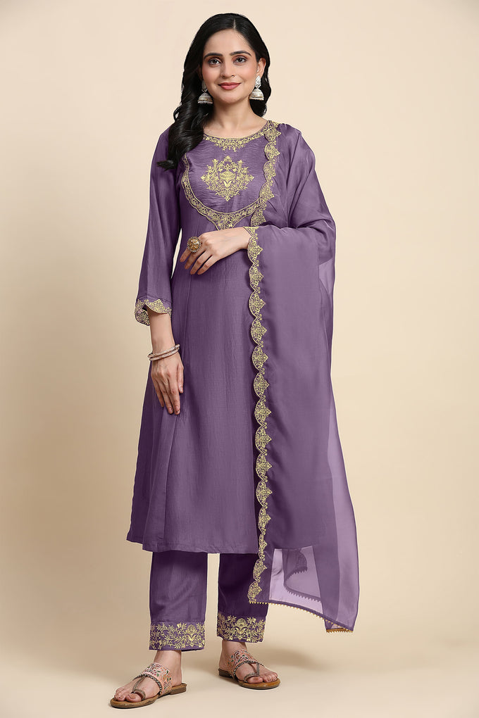 Light Purple Silk Blend Embroidery Anarkali Salwar Suit Set with Dupatta For Women's Trendmallsin