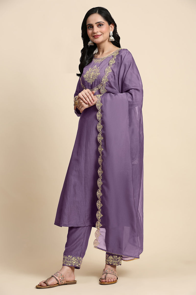 Light Purple Silk Blend Embroidery Anarkali Salwar Suit Set with Dupatta For Women's