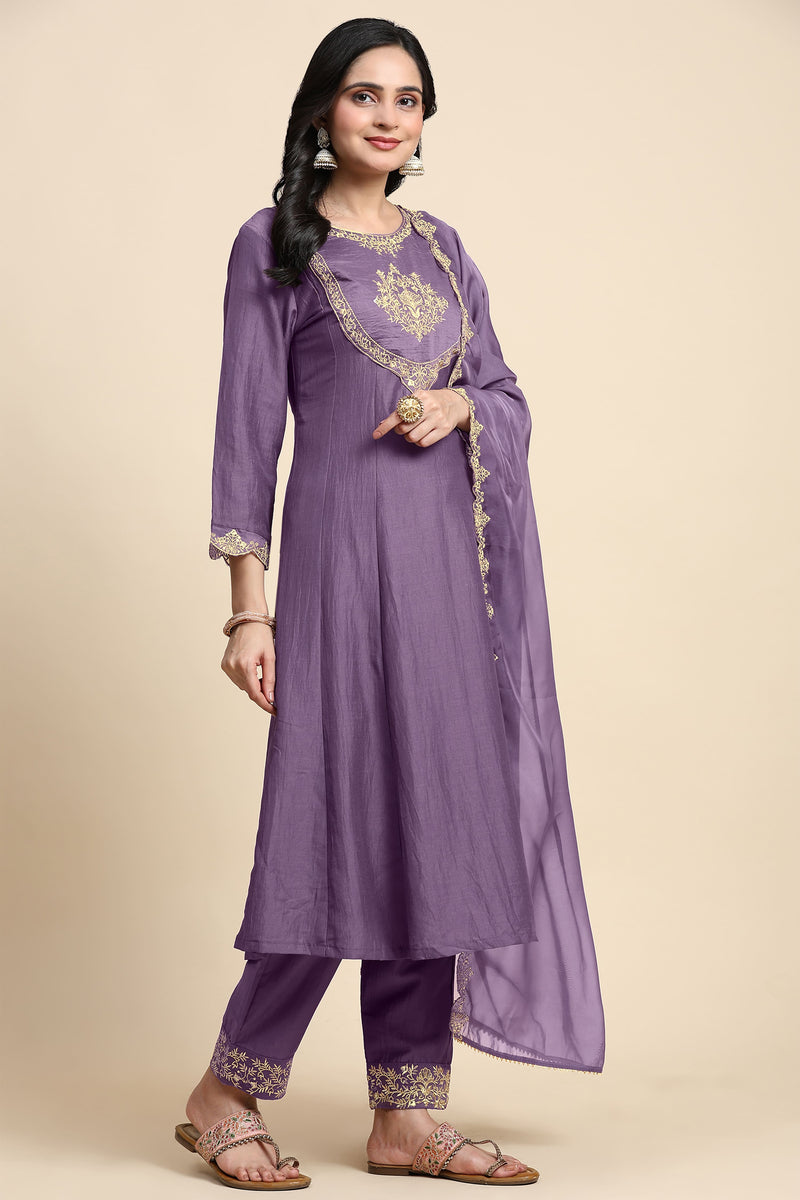 Light Purple Silk Blend Embroidery Anarkali Salwar Suit Set with Dupatta For Women's