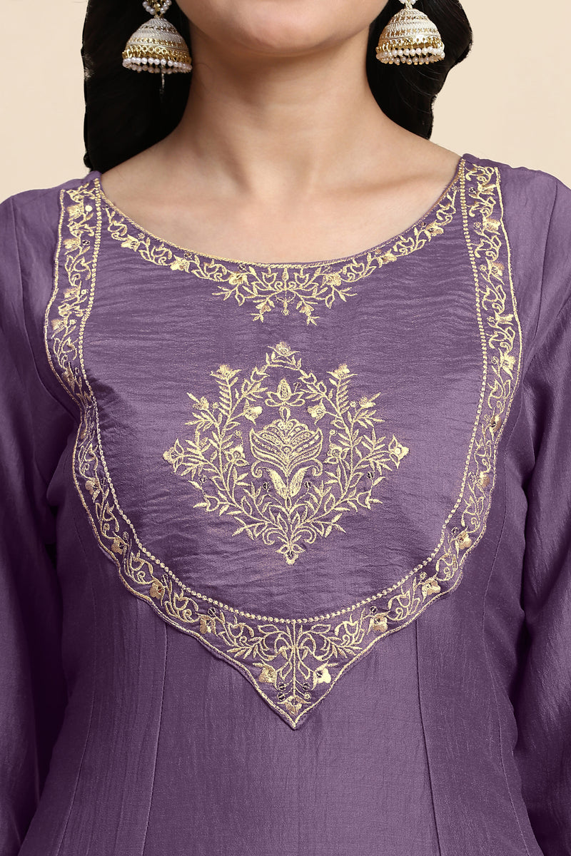 Light Purple Silk Blend Embroidery Anarkali Salwar Suit Set with Dupatta For Women's