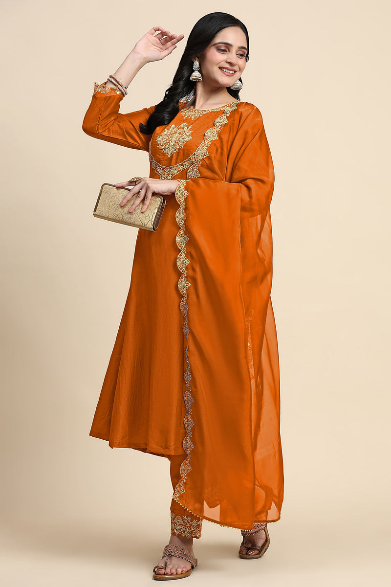 Orange Silk Blend Embroidery Anarkali Salwar Suit Set with Dupatta For Women's
