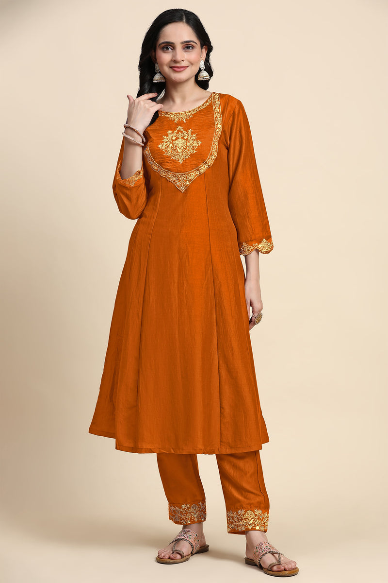 Orange Silk Blend Embroidery Anarkali Salwar Suit Set with Dupatta For Women's