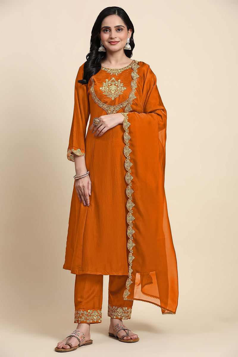 Orange Silk Blend Embroidery Anarkali Salwar Suit Set with Dupatta For Women's