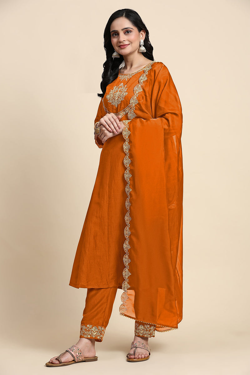 Orange Silk Blend Embroidery Anarkali Salwar Suit Set with Dupatta For Women's