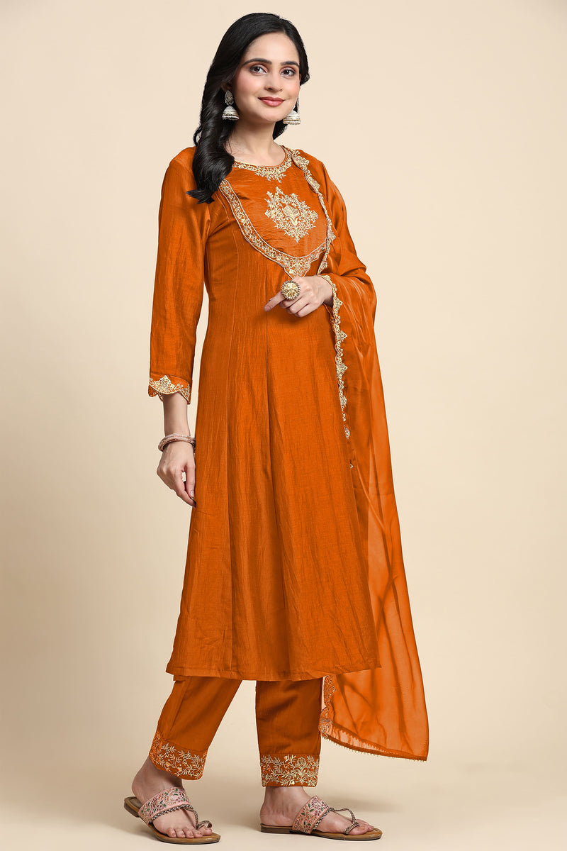 Orange Silk Blend Embroidery Anarkali Salwar Suit Set with Dupatta For Women's