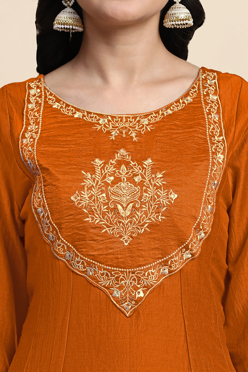 Orange Silk Blend Embroidery Anarkali Salwar Suit Set with Dupatta For Women's
