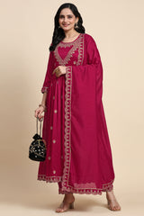 Pink Vichitra Silk Sequence Embroidery Anarkali Kurta Pant Salwar Suit Set Kurta Set for Women's