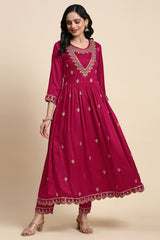 Pink Vichitra Silk Sequence Embroidery Anarkali Kurta Pant Salwar Suit Set Kurta Set for Women's