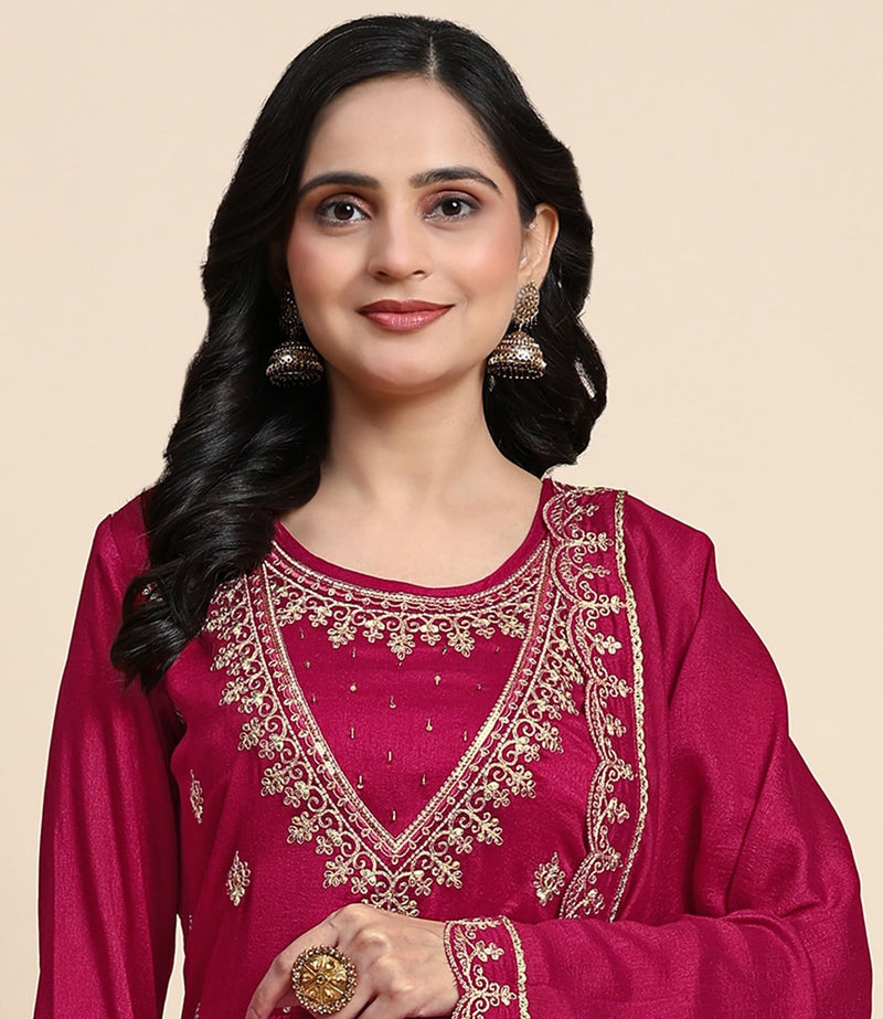 Pink Vichitra Silk Sequence Embroidery Anarkali Salwar Suit Set With Dupatta for Women's