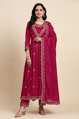 Pink Vichitra Silk Sequence Embroidery Anarkali Kurta Pant Salwar Suit Set Kurta Set for Women's
