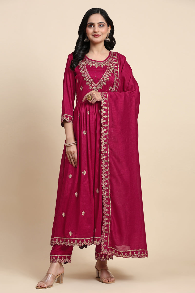 Pink Vichitra Silk Sequence Embroidery Anarkali Salwar Suit Set With Dupatta for Women's