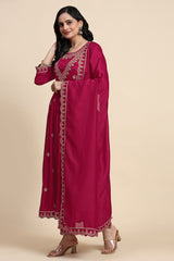 Pink Vichitra Silk Sequence Embroidery Anarkali Kurta Pant Salwar Suit Set Kurta Set for Women's