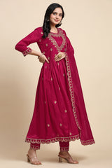 Pink Vichitra Silk Sequence Embroidery Anarkali Kurta Pant Salwar Suit Set Kurta Set for Women's