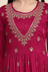 Pink Vichitra Silk Sequence Embroidery Anarkali Kurta Pant Salwar Suit Set Kurta Set for Women's