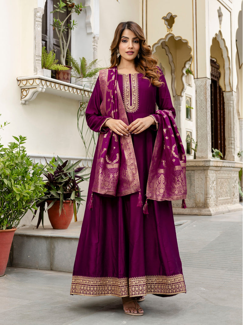 Women's Vichitra Silk Anarkali Suit Set with Jacquard Dupatta for Women Kurta Set for Women