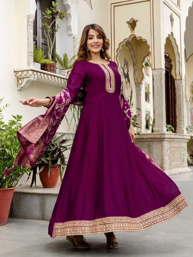 Women's Vichitra Silk Anarkali Suit Set with Jacquard Dupatta for Women Kurta Set for Women
