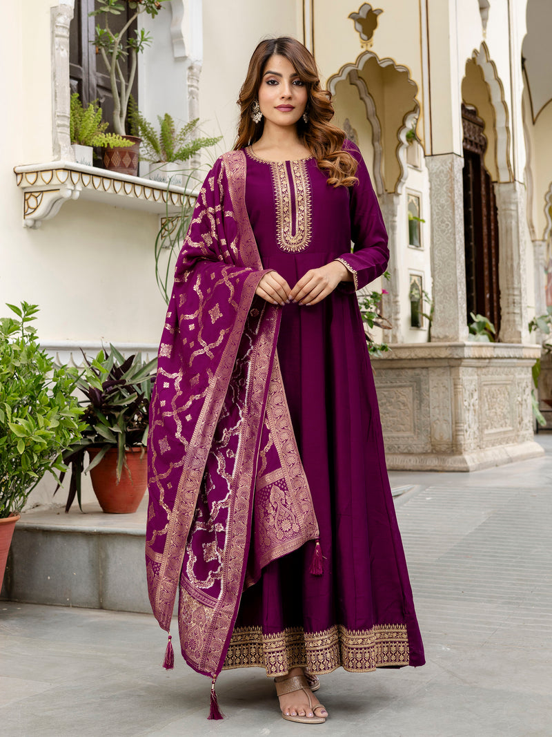 Women's Vichitra Silk Anarkali Suit Set with Jacquard Dupatta for Women Kurta Set for Women