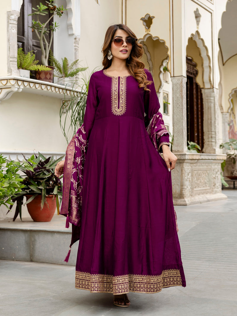 Women's Vichitra Silk Anarkali Suit Set with Jacquard Dupatta for Women Kurta Set for Women