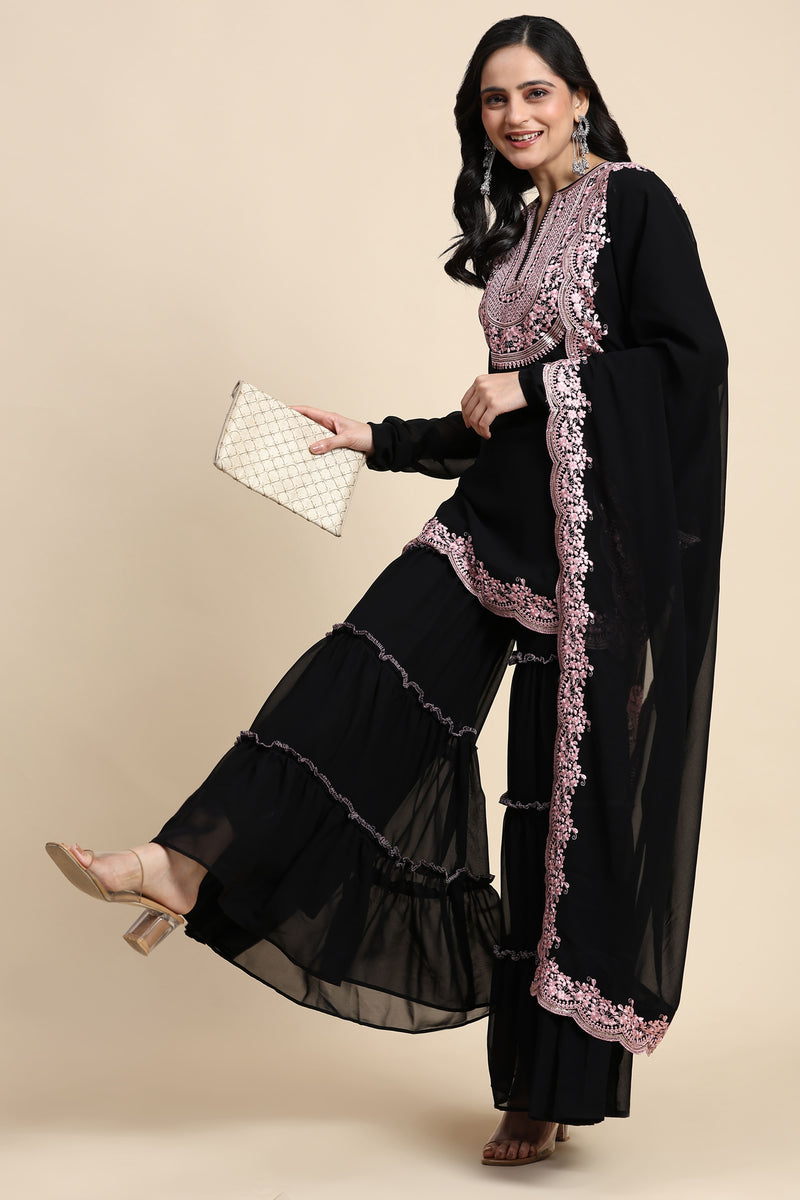 Black Georgette Embroidery Kurta Sharara Set with Dupatta For Women's