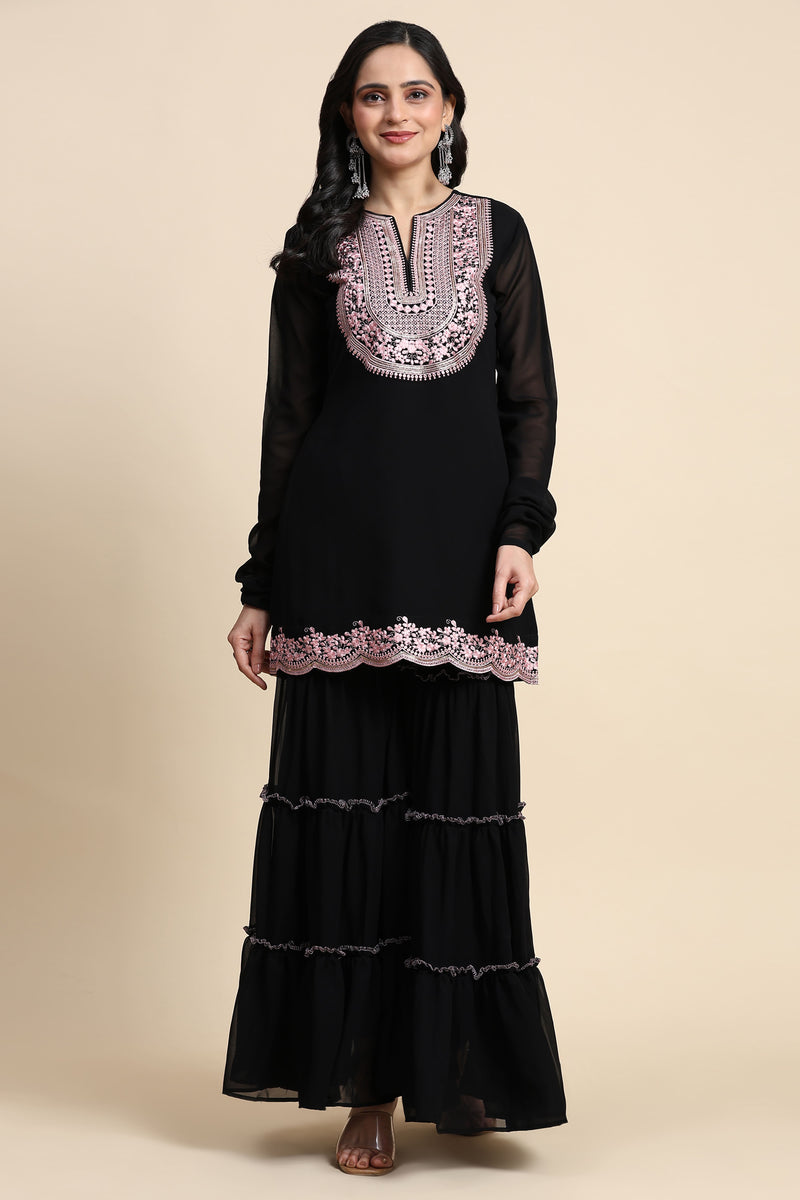 Black Georgette Embroidery Kurta Sharara Set with Dupatta For Women's