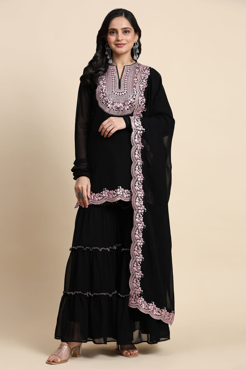 Black Georgette Embroidery Kurta Sharara Set with Dupatta For Women's
