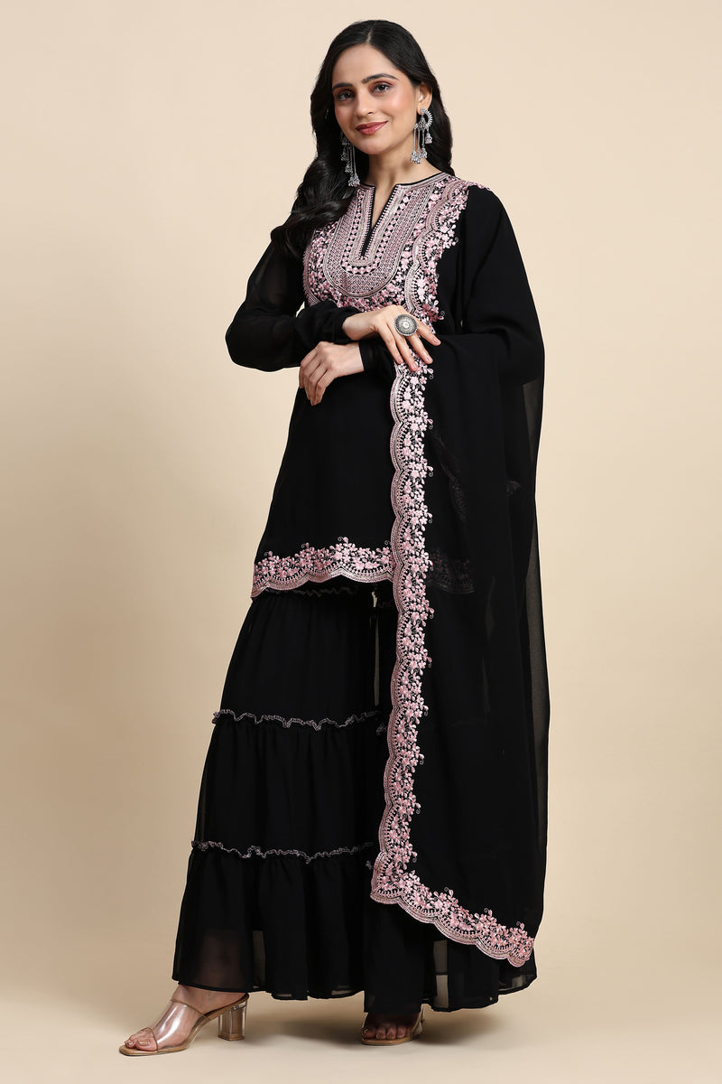 Black Georgette Embroidery Kurta Sharara Set with Dupatta For Women's