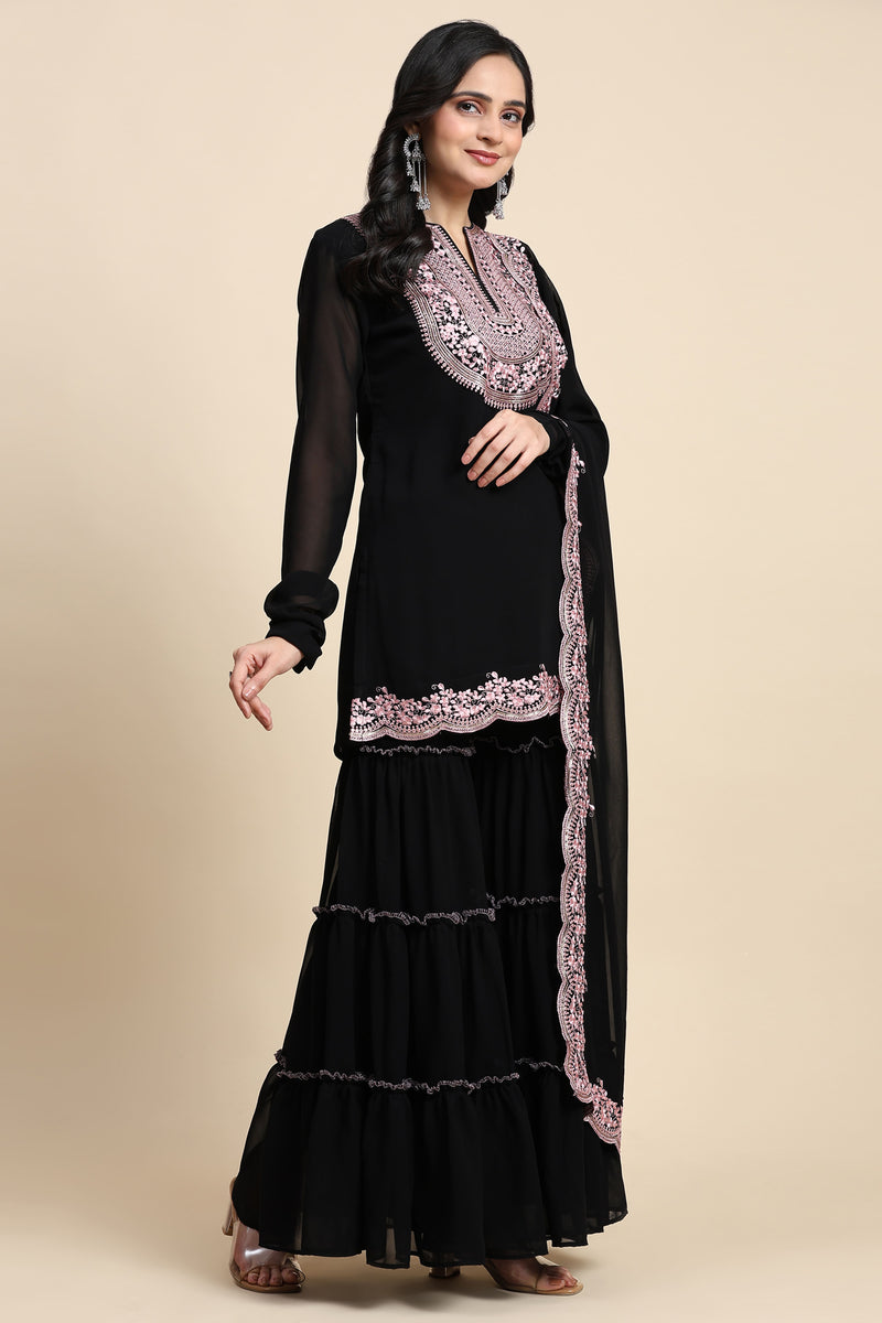 Black Georgette Embroidery Kurta Sharara Set with Dupatta For Women's