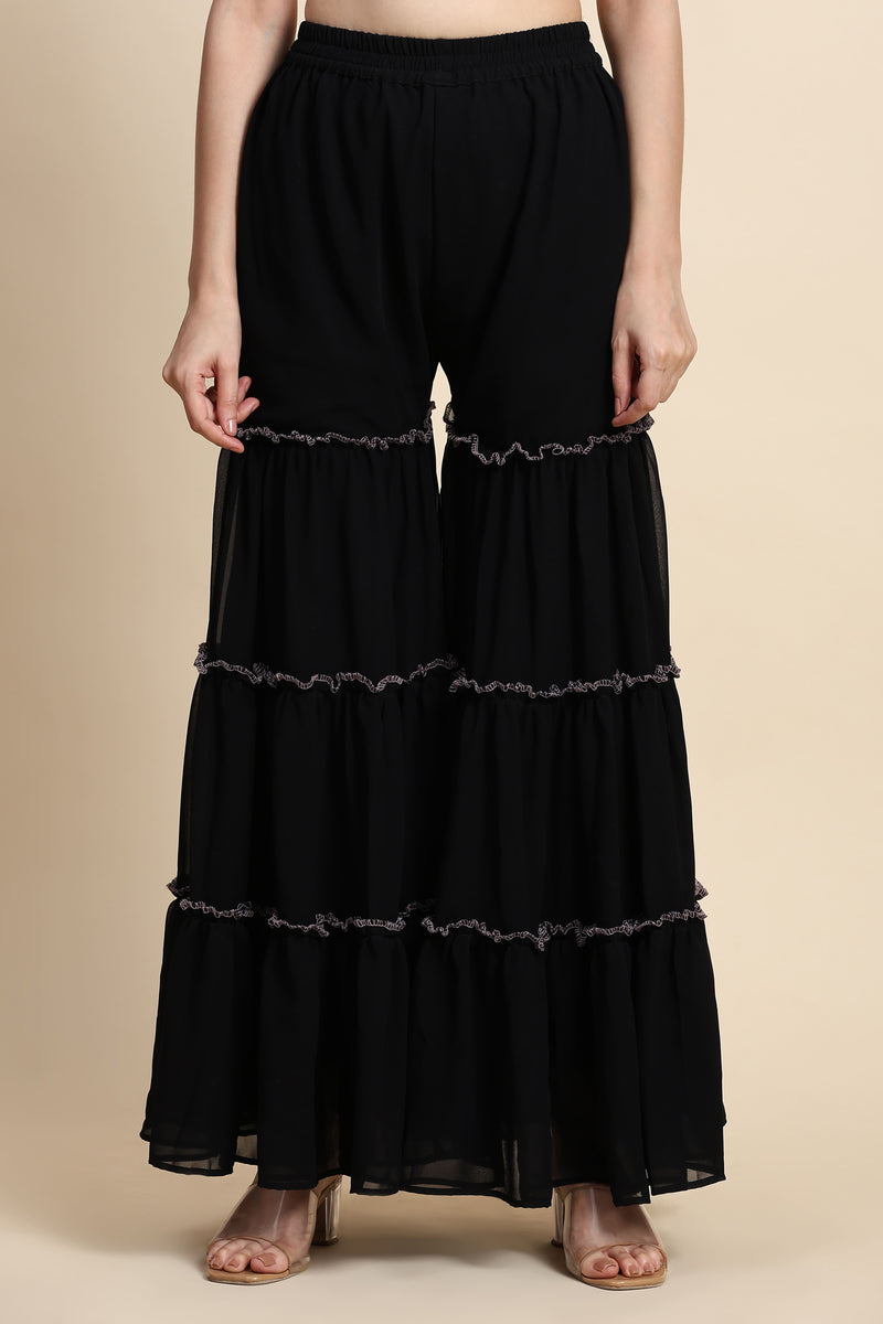 Black Georgette Embroidery Kurta Sharara Set with Dupatta For Women's