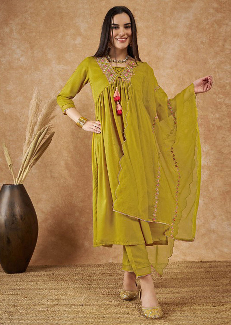 Yellow Art Silk Embroidery Salwar Suit Set with Floral Printed Dupatta For Women's