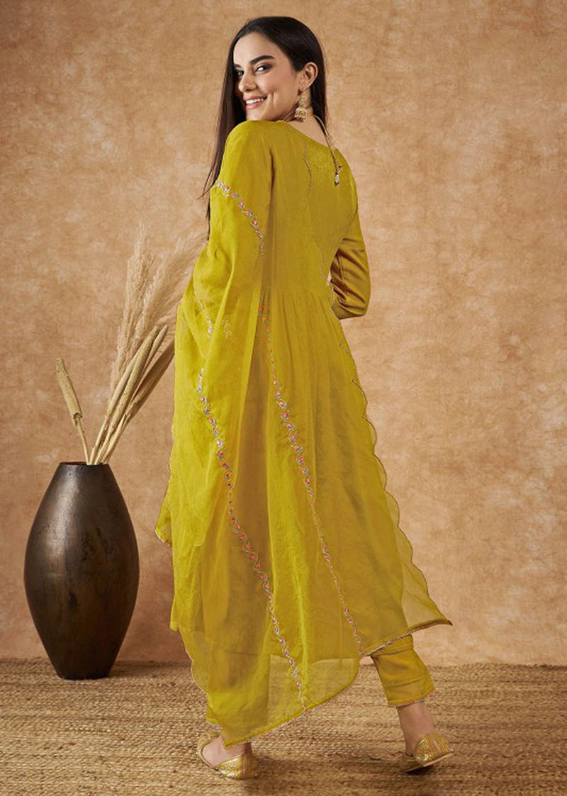Yellow Art Silk Embroidery Salwar Suit Set with Floral Printed Dupatta For Women's