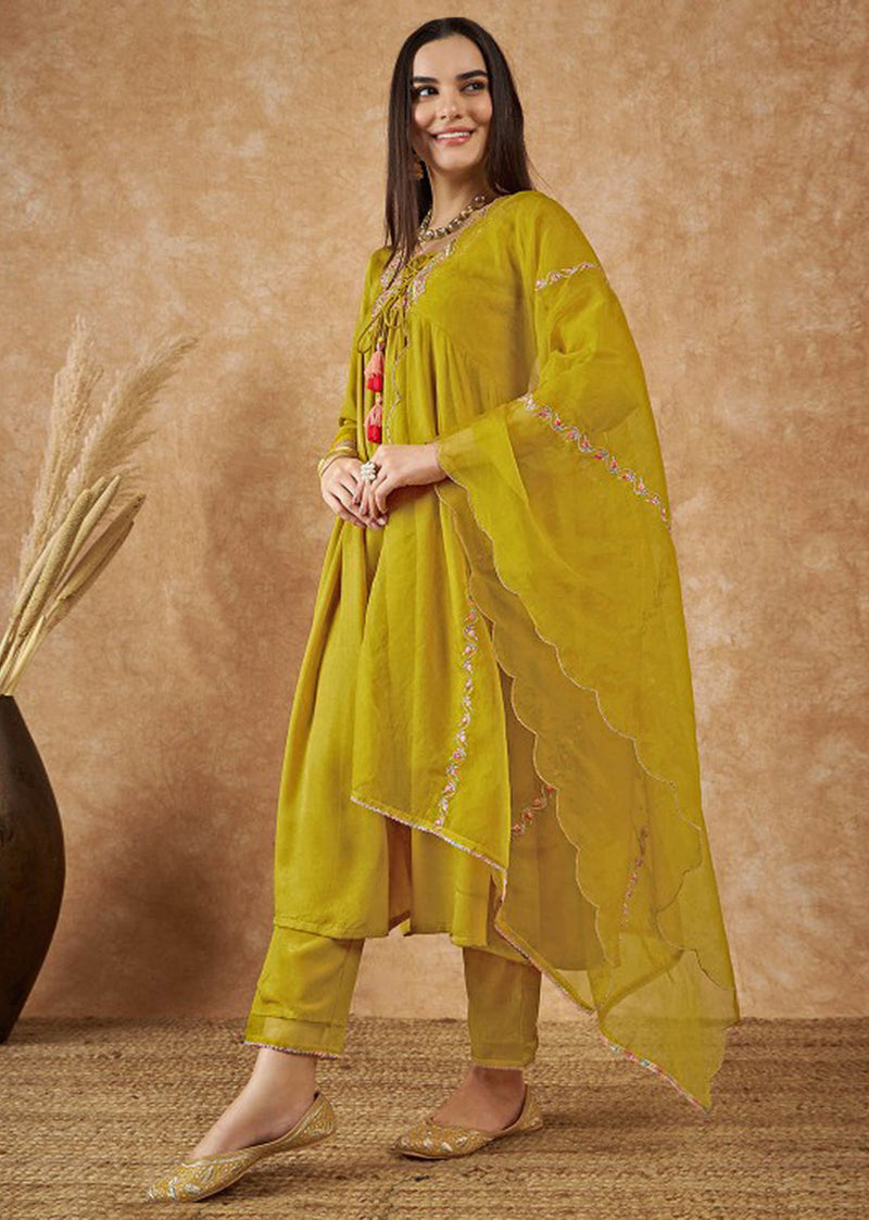 Yellow Art Silk Embroidery Salwar Suit Set with Floral Printed Dupatta For Women's