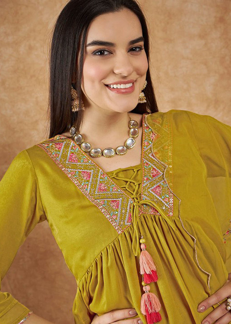 Yellow Art Silk Embroidery Salwar Suit Set with Floral Printed Dupatta For Women's