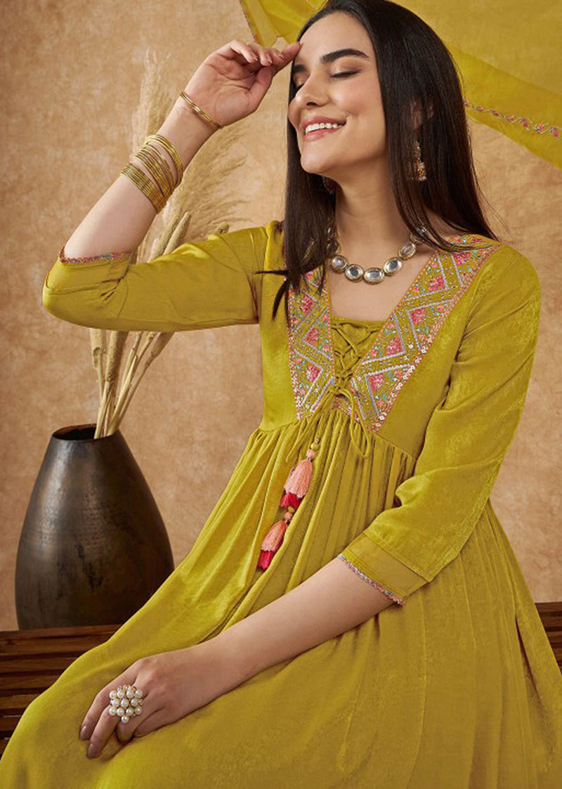 Yellow Art Silk Embroidery Salwar Suit Set with Floral Printed Dupatta For Women's